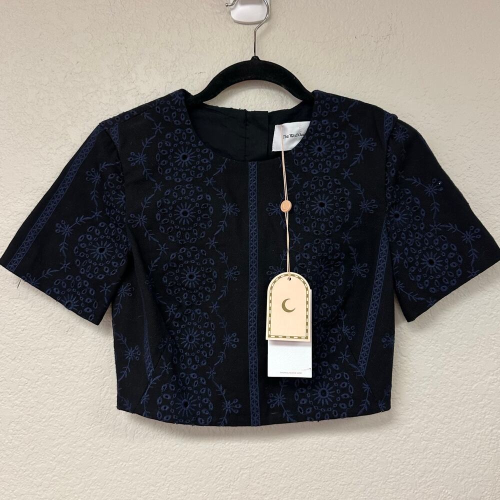 NWT The Wolf Gang Embroidered Short Sleeve Crop Top Black Size